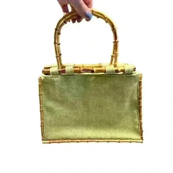 Vintage Bamboo 54 Green Fabric Handbag Magnetic‎ Closure Summer Beach Vacation - Picture 2 of 11